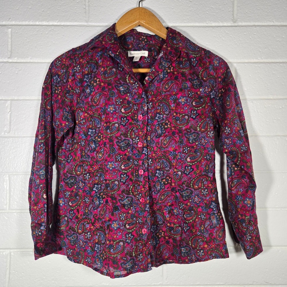 Coldwater Creek Cotton Floral Print Button Shirt Top Boho Office‎ Petite Small